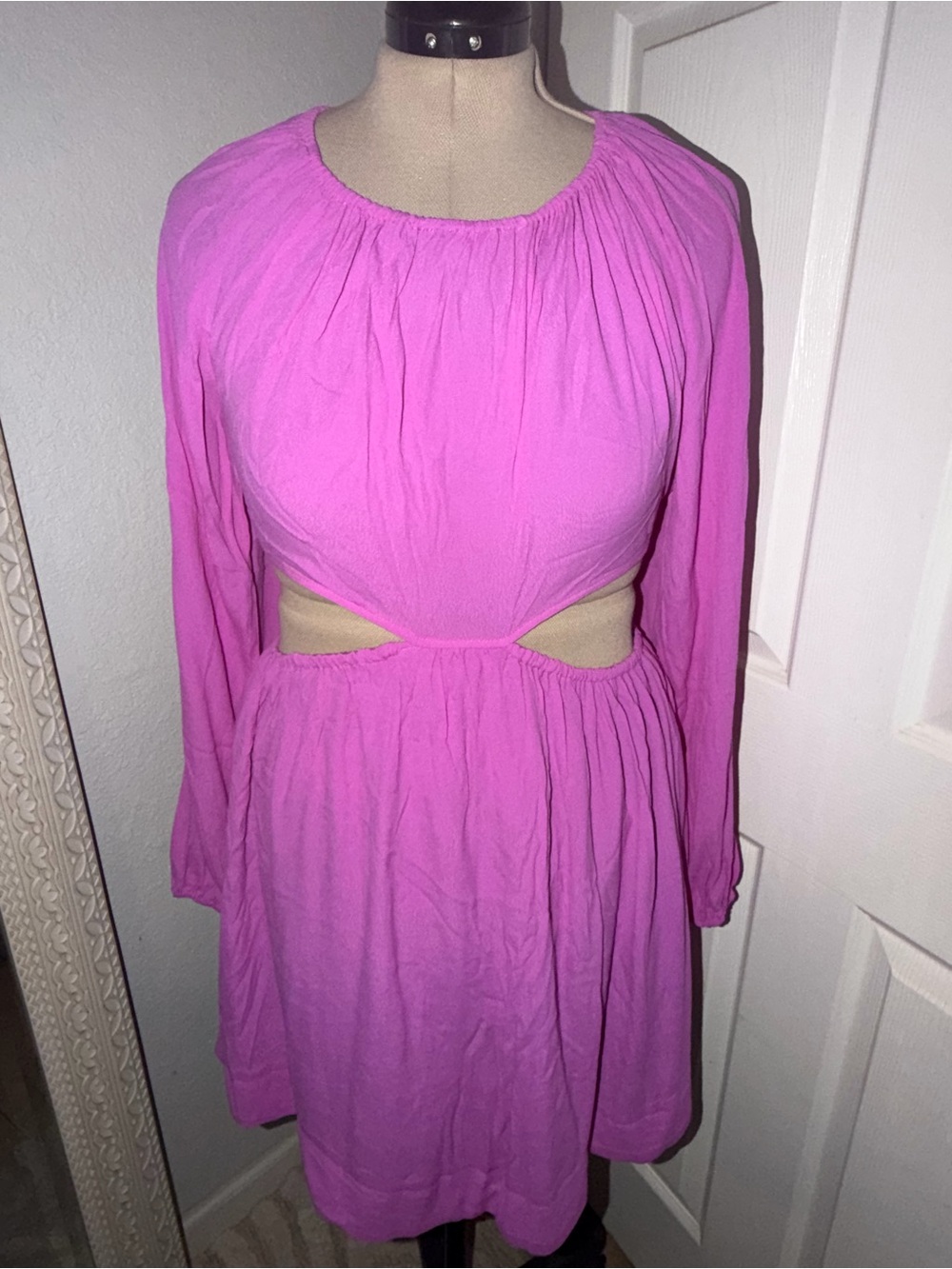 Olivaceous Hot Pink Long-Sleeve Mini Dress with Side Cutouts